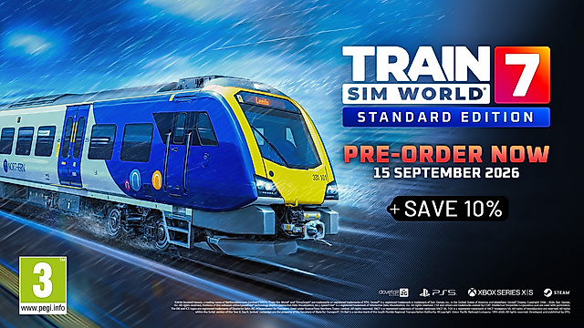 Promotional banner for Train Sim World 7 Standard Edition showing a blue Northern passenger train driving in the rain, offering a 10% pre-order discount for September 15, 2026.  Deutsch: